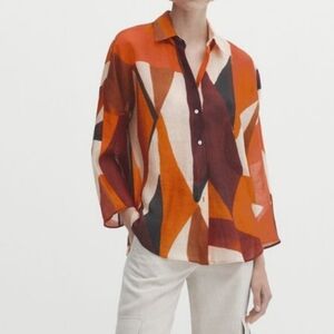 Massimo Dutti Orange and Brown Linen Blend Button-Up Ramie Shirt SzL Dolman